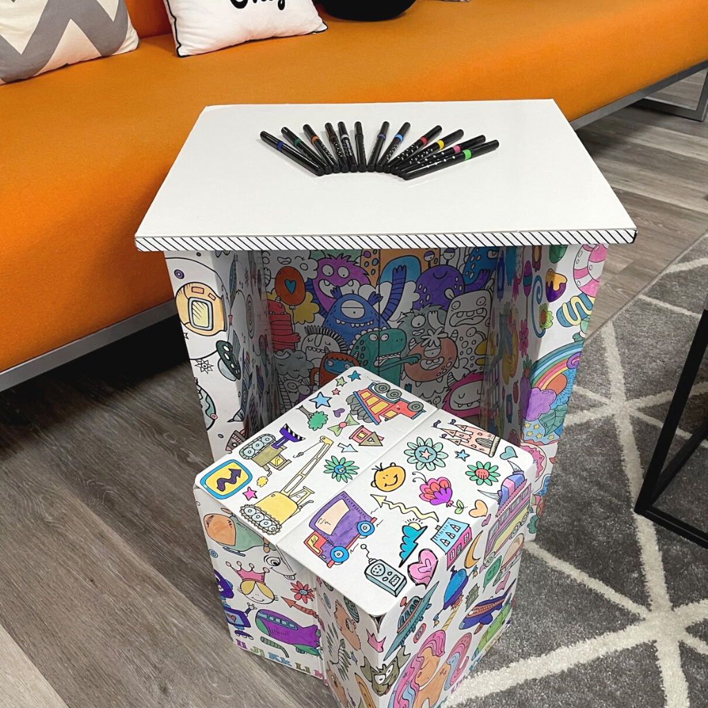 Pack a Desk Jr cardboard desk for kids with felt tip pens